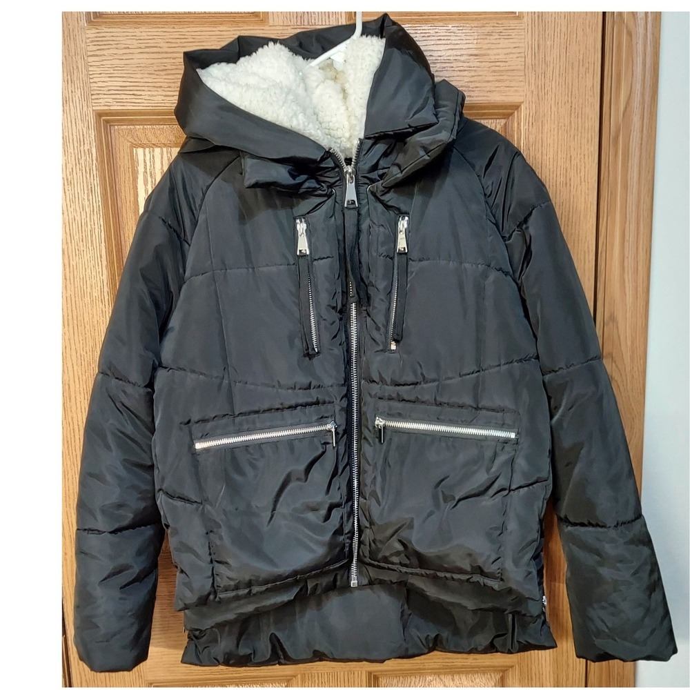 7 For All Mankind Black Puffer Jacket Sherpa Lined Hood Parka 69771 Womens Med